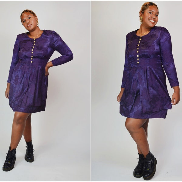 1990s Purple Floral Grunge Mini Dress - Large