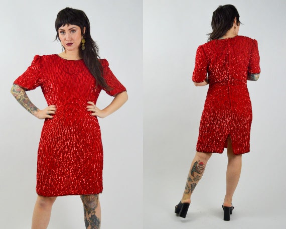 MEDIUM 1980s SILK Sequin Party Dress Vintage Red … - image 6