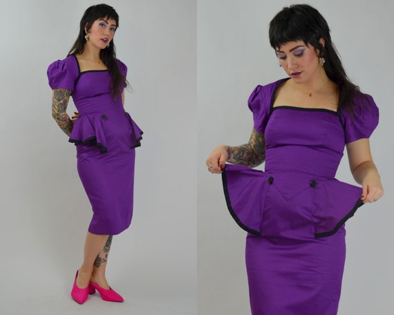 SMALL 1990s Purple Peplum Dress Vintage 90s Cut O… - image 3