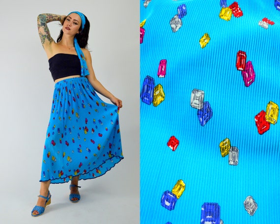 LARGE -XL 1980s JEWEL Skirt Vintage Pleated Bold P