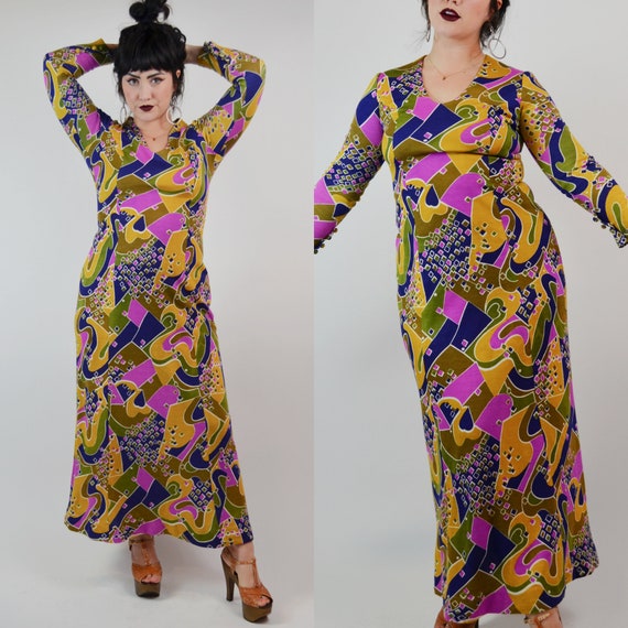 SMALL - 1970s Groovy Maxi Dress Vintage 70s - image 4