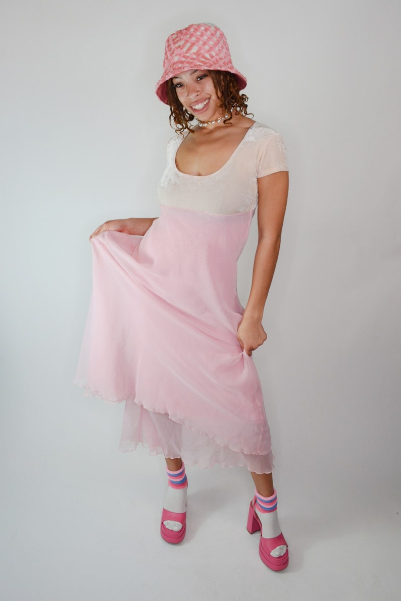 small medium Vintage Betsey Johnson 1990s Pink Velvet Dress Fairycore Sheer Baby Pink image 3