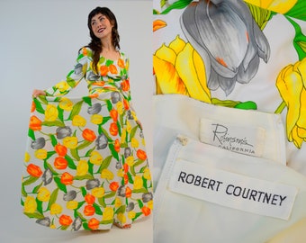 Abito lungo con stampa floreale a tulipano anni '70 – Abito vintage di Robert Courtney