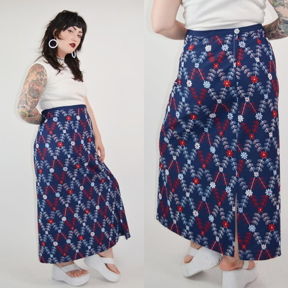 XL- 1960s Embroidered Daisy long Skirt - image 2