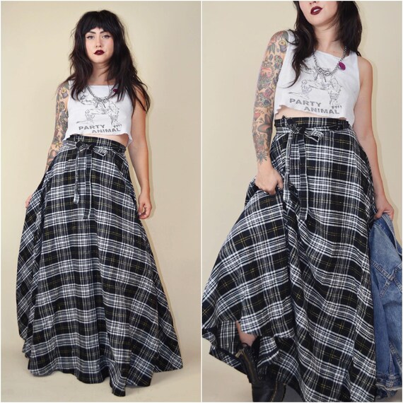 28 Waist 1970s Plaid Maxi Skirt Vintage Plaid Black and White Punk Plaid Full Skirt VTG 70s Punk Etsy UK
