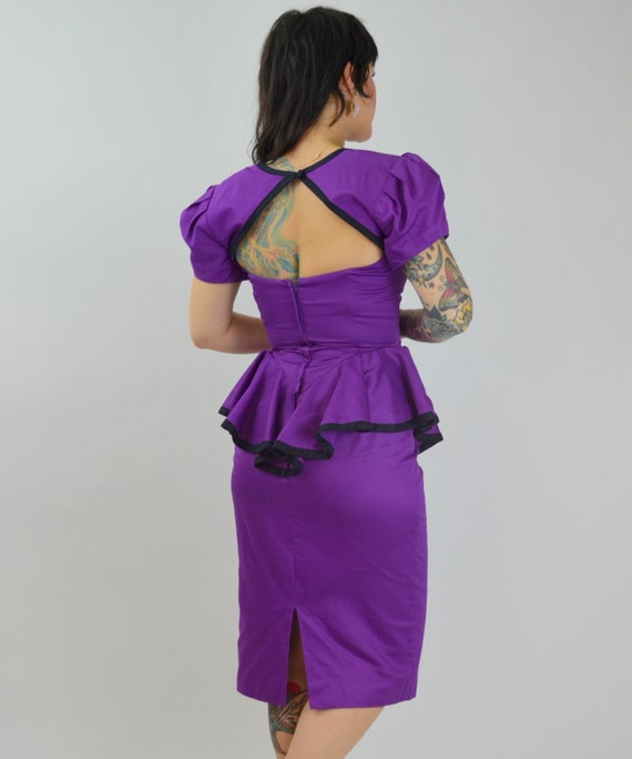 SMALL 1990s Purple Peplum Dress Vintage 90s Cut O… - image 7