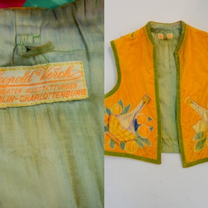 SMALL 1900s LEOPOLD VERCH Velvet Vest Vintage Appliqued Top 30s Yellow Floral Cropped Vest