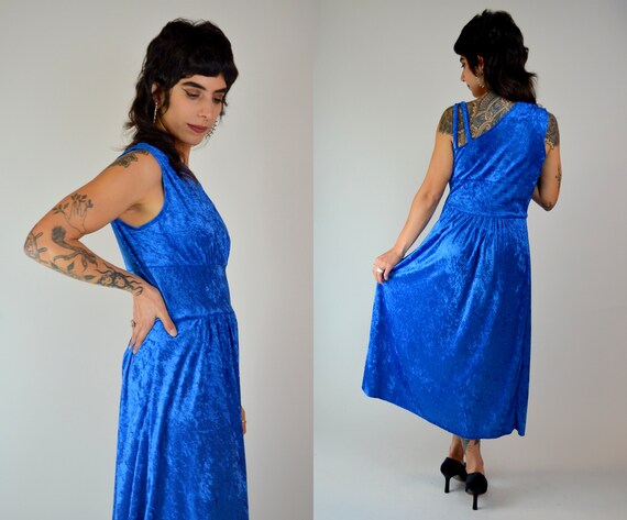 S-M 1970s One Shoulder Blue VELVET Maxi Asymmetri… - image 4