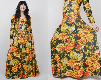 small - 1970s Autumn Floral Vintage Long Sleeve Maxi Dress 70s