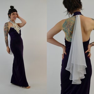 Petite robe longue en velours des années 90, robe dos nu vintage des années 90, robe de bal ajustée en velours violet image 6