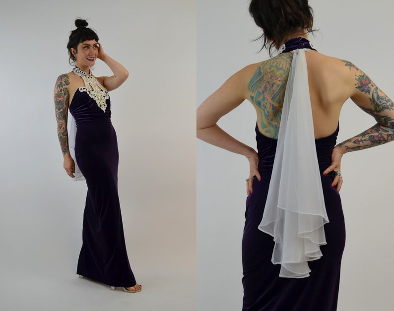 Petite robe longue en velours des années 90, robe dos nu vintage des années 90, robe de bal ajustée en velours violet image 6