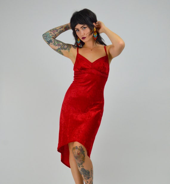 XS SMALL 1990s Red Velvet Dress Bright Crushed Vel