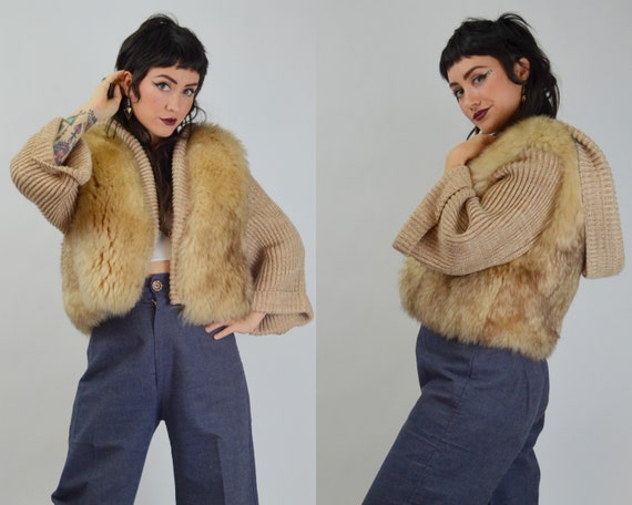SMALL 1970s Fur and Knit Jacket Vintage Plush Crop