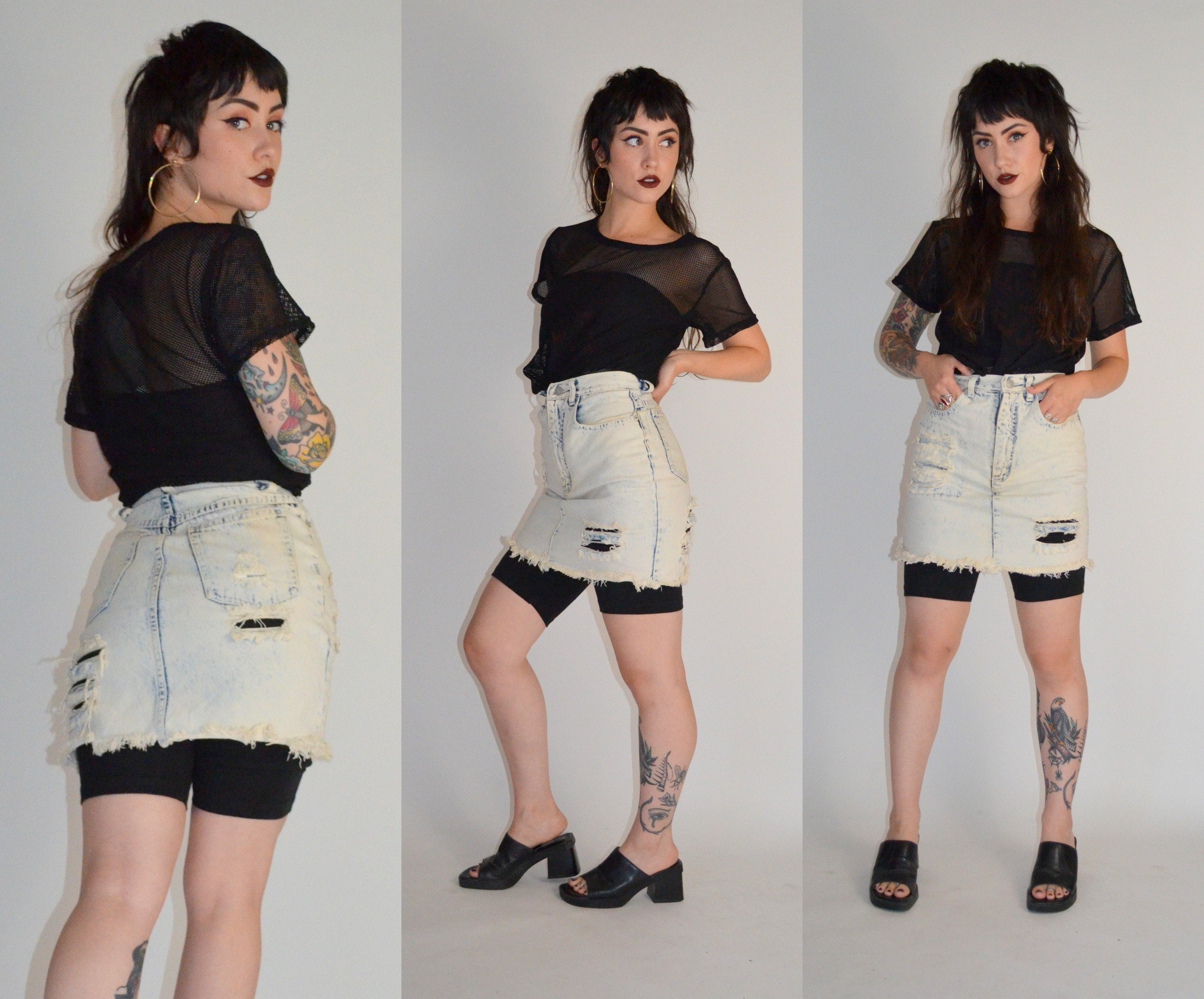 SALE Denim Skirt | XS | 1980s High Waisted Skirt Attached Leggings Vintage  Bike Shorts 80s Jean Skirt Punk Vintage