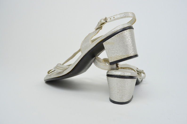 8 VINTAGE 60s Silver Heels 1960s Strappy Slingback Kitten Heels image 5