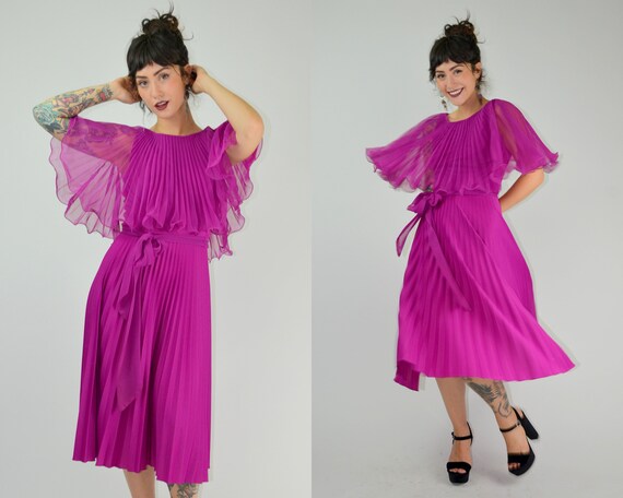 SMALL 1970s Pleated Chiffon Dress 70s Bold Purple