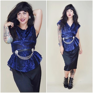 SMALL MEDIUM 1970s Metallic Disco Dress Vintage 80s Party Cocktail Peplum Wiggle Power Dress