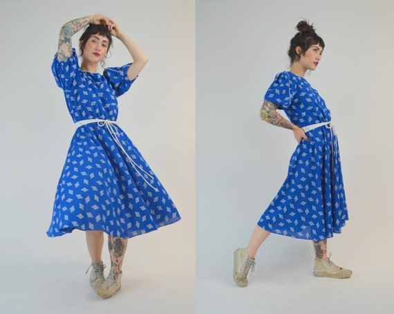 SMALL 80s Fit and Flare Dress Vintage Blue Puffed