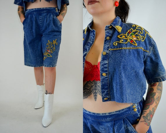 1980 Denim Outfit Vintage Two Piece Set 80s Bejewe