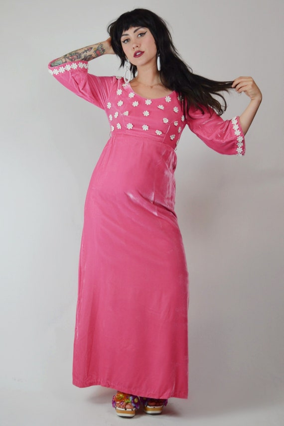 1960s Pink Velvet Maxi Dress - Small