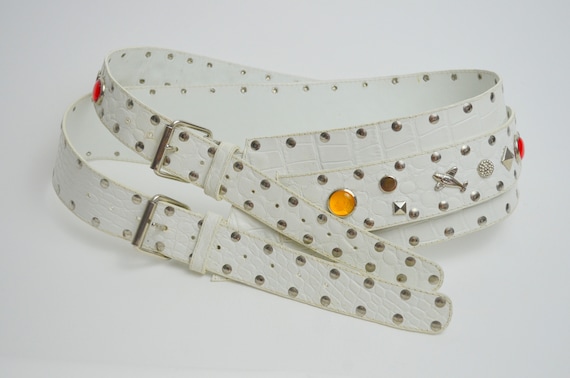MEDIUM 1980s Wide Waist Belt Vintage Bold White Le