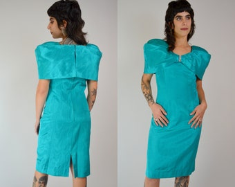 SMALL 1990s Bold Shoulder Wiggle Dress Vintage Teal Rhinestone Party Dress