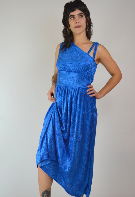 S-M 1970s One Shoulder Blue VELVET Maxi Asymmetri… - image 3