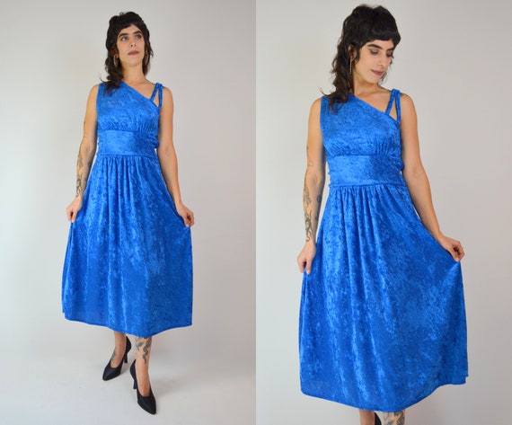 S-M 1970s One Shoulder Blue VELVET Maxi Asymmetri… - image 5