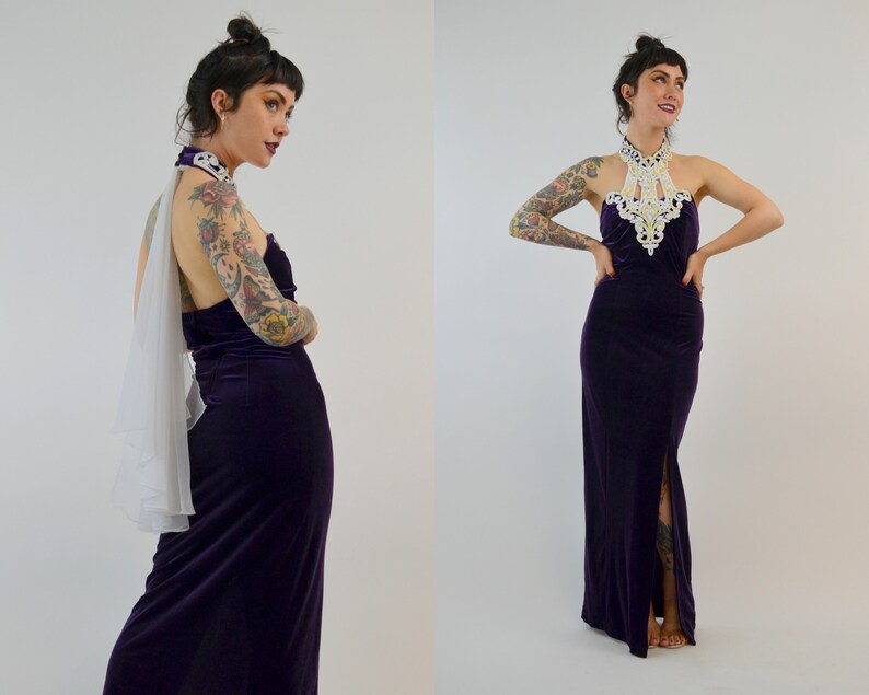 Petite robe longue en velours des années 90, robe dos nu vintage des années 90, robe de bal ajustée en velours violet image 5