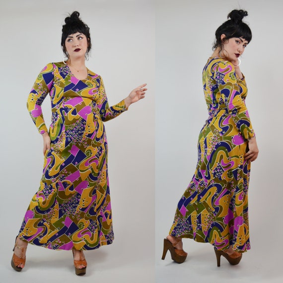 SMALL - 1970s Groovy Maxi Dress Vintage 70s - image 5
