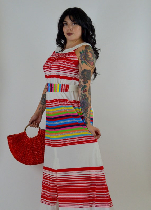 MEDIUM 1970s Colorful Striped Maxi Dress Vintage T