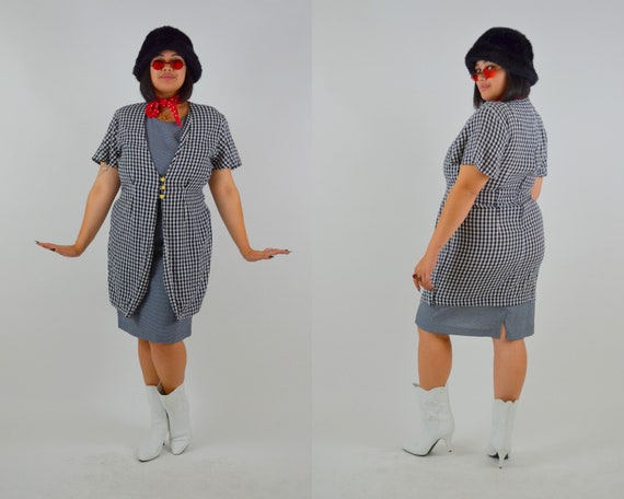 Plaid Mini Dress LARGE Vintage Black and White Che