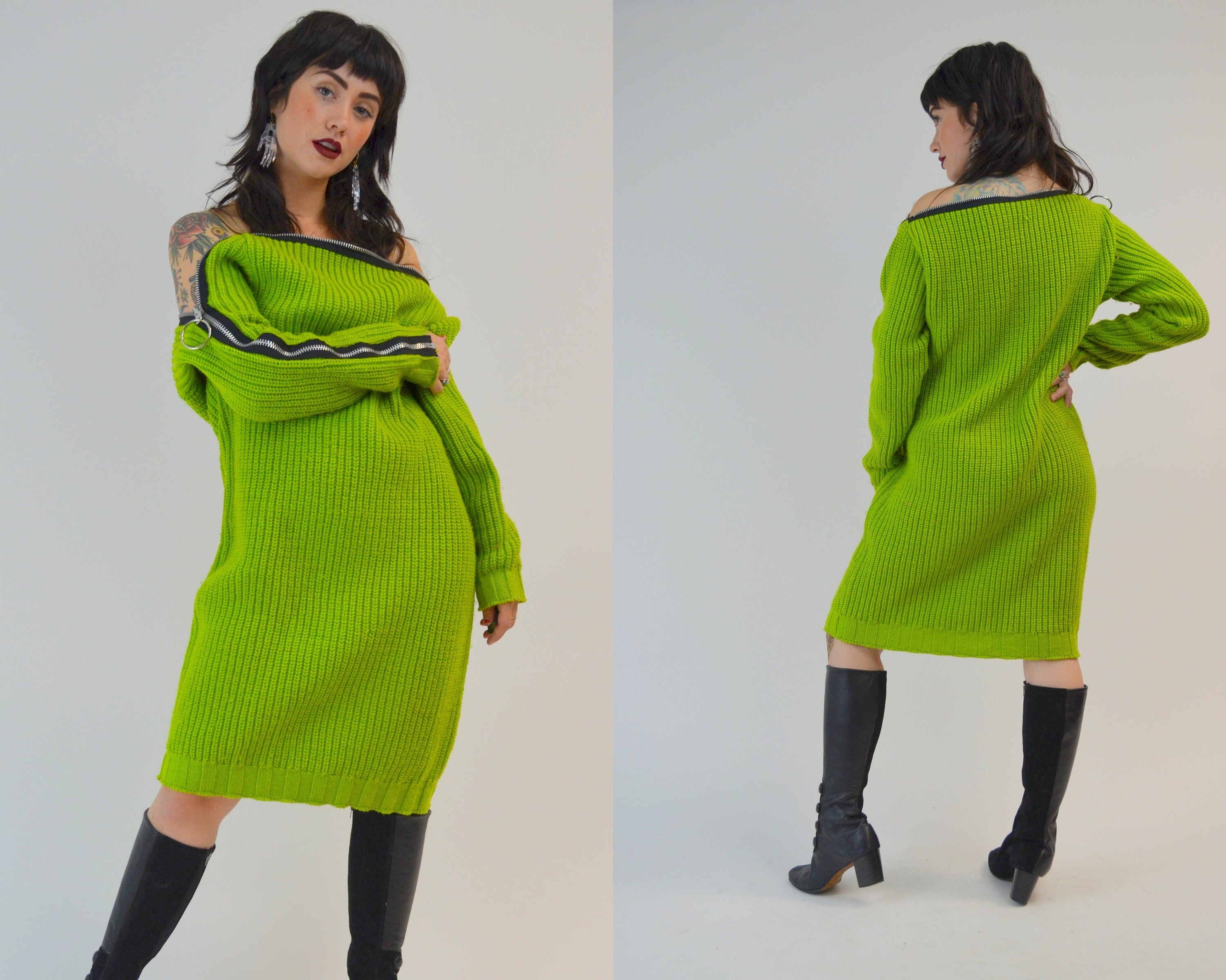 1980S Betsey Johnson Sweater Dress Vintage 80S Punk Label Bright Green Zipper Long Lime Small Medium Large