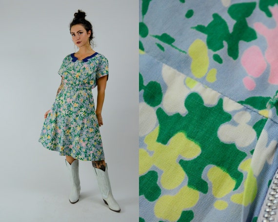 MEDIUM 1940s Cotton Day Dress Vintage Floral Shirt