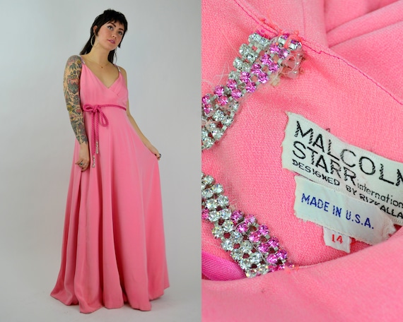 1970s Malcom Starr Pink Maxi Dress, Rhinestone Straps, Designer Gown