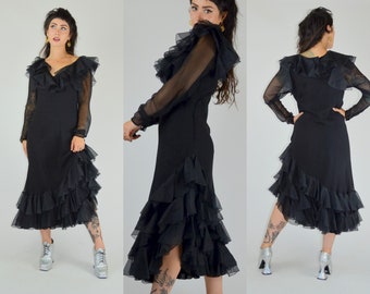 1970 STAVROPOULOS  Silk Dress Vintage Black Ruffle Formal Cocktail Dress 70s New York and Athens | M