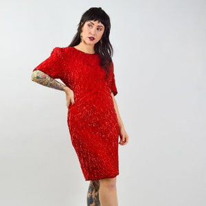 MEDIUM 1980s SILK Sequin Party Dress Vintage Red Valentines Day Dress 80s Beaded Mini Dress