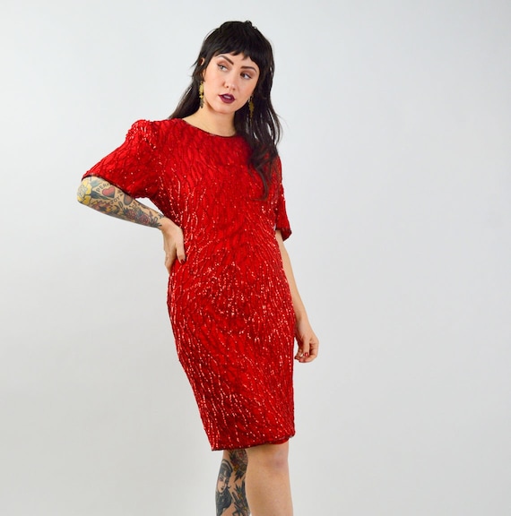 1980s Medium Silk Sequin Dress - Vintage Red Beaded Short Sleeve Knee-Length Dress