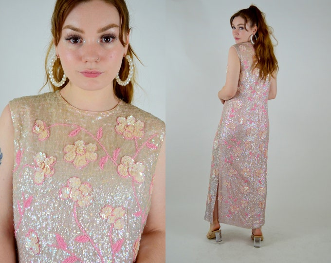 Beaded Maxi Dress Vintage 1960s Pink Floral Long Dress Fully Beaded