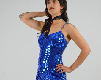 1980s XS Shimmy Dress – Vintage Cobalt Blue Sequin Bodycon Party Dress