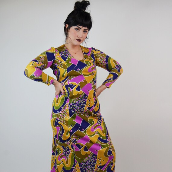 SMALL - 1970s Groovy Maxi Dress Vintage 70s - image 3