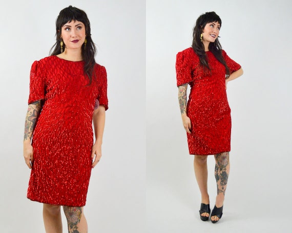 MEDIUM 1980s SILK Sequin Party Dress Vintage Red … - image 3