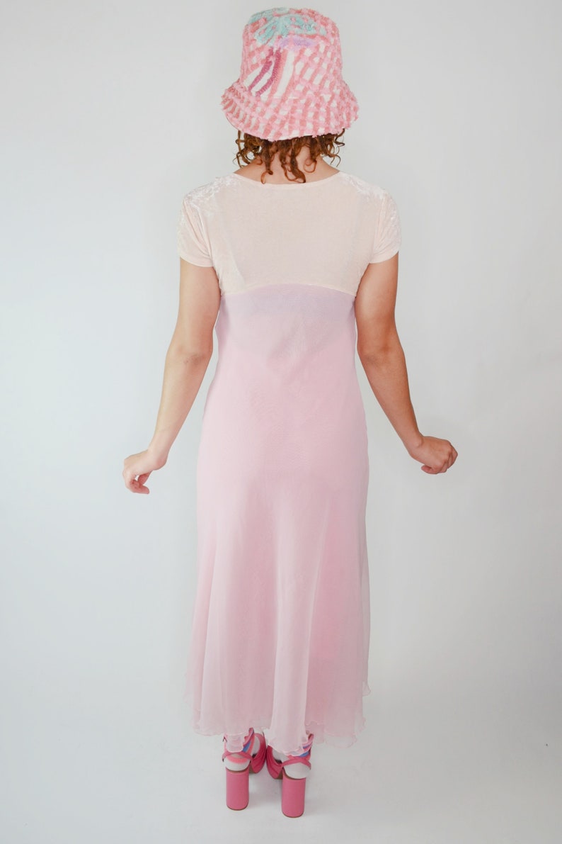 small medium Vintage Betsey Johnson 1990s Pink Velvet Dress Fairycore Sheer Baby Pink image 4