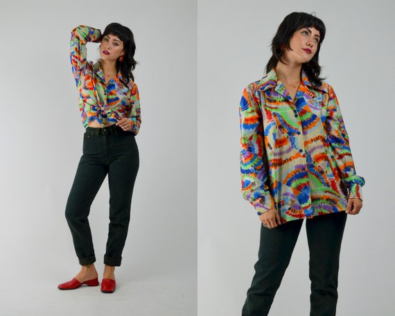 1970 Blouse | MEDIUM | Vintage Tie Dye Colorful Bu