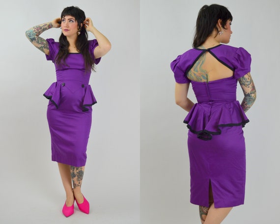 SMALL 1990s Purple Peplum Dress Vintage 90s Cut O… - image 1