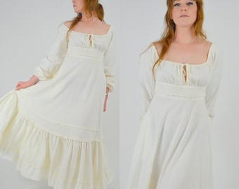 1970s GUNNE SAX White Cotton Maxi Dress - XS