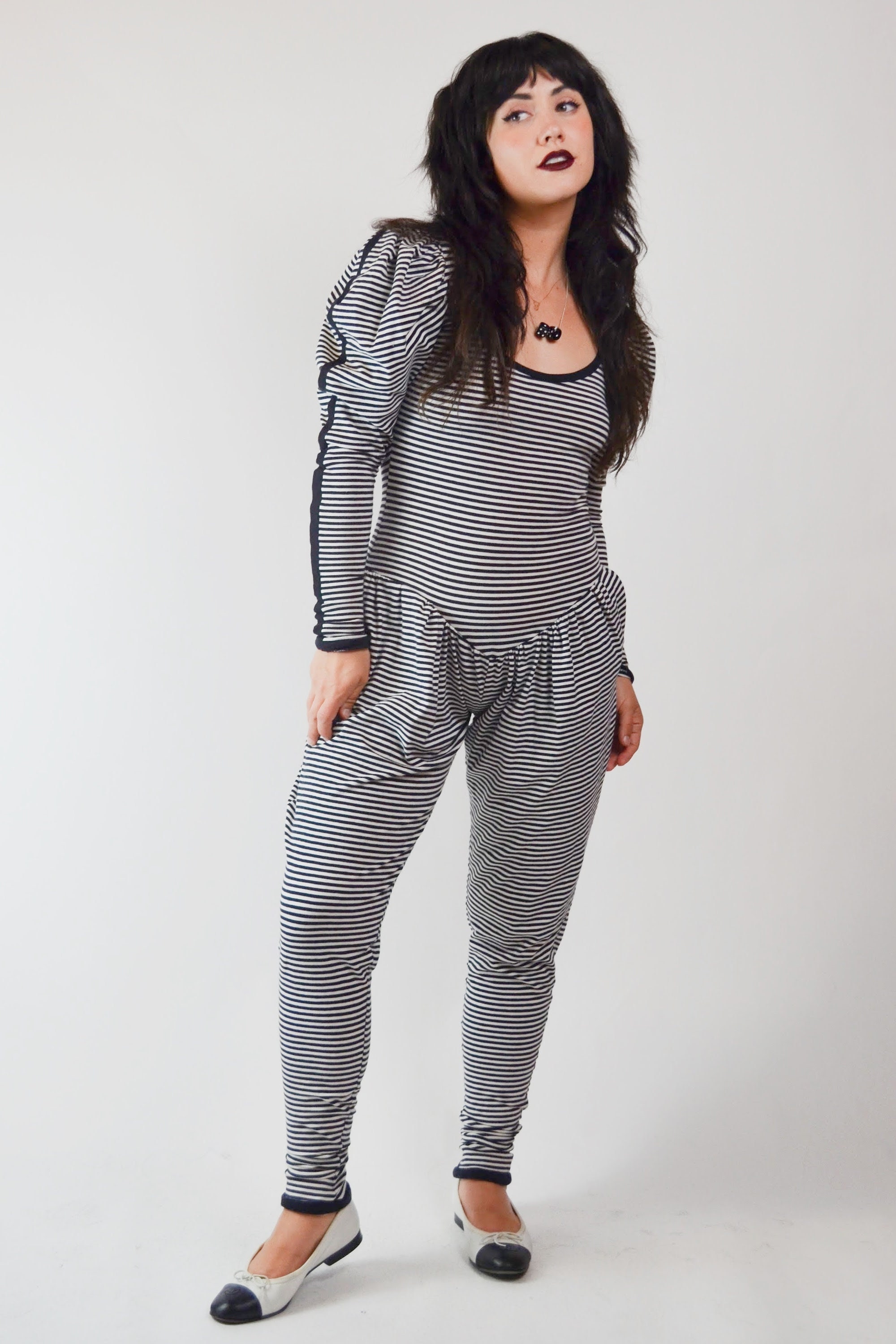 OldMoonVintageShop Small 1980s Betsey Johnson Punk Label Stripe Jumpsuit Selected by Old Moon Vintage