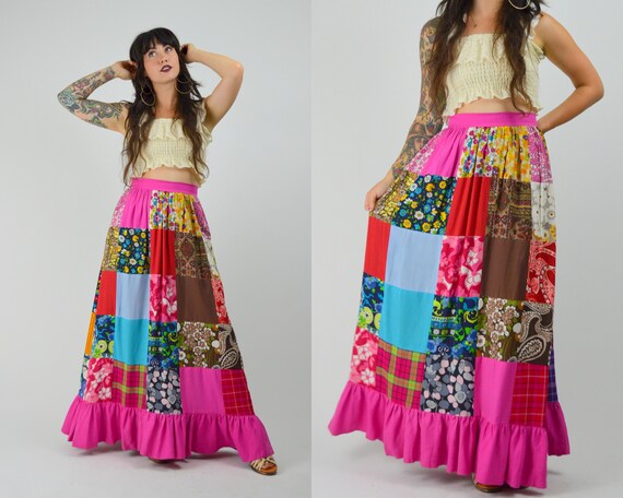 28" waist 1970s Patchwork Skirt Cotton Vintage Sum