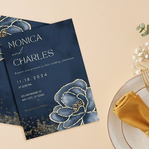 Mega pacote de casamento floral marinho e dourado - editável, salve a data, convide, cartão de resposta, números de mesa, pôster + download digital ou impressão sob demanda