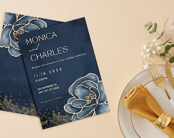 Mega paquete de boda floral azul marino y dorado - Editable Guardar la fecha, invitación, tarjeta de respuesta, números de mesa, póster + descarga digital o impresión bajo demanda